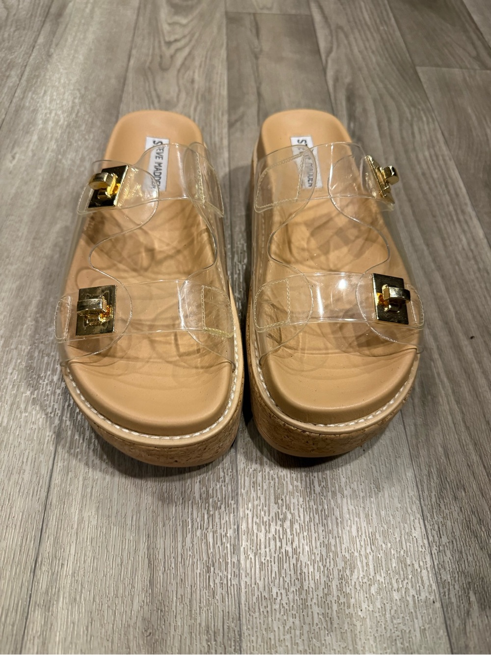 Steve Madden Clear Strap Platform Slide Sandals in Nude